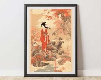 Traditional Asian Art Poster, Woman in Kimono Print, Autumn Landscape Wall Decor, Japanese Wall Art,Serene Nature Scene, Gift For Her