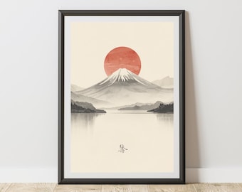 Mount Fuji Japanese Landscape Poster Minimalist Sumi-e Ukiyo-e Inspired Red Sun Zen Wall Art Serene Horizon Tranquil Lake Asian Aesthetic