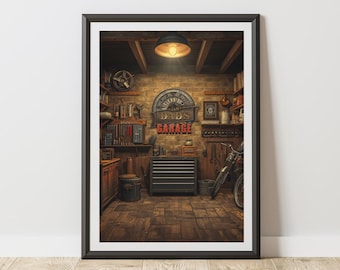 Dad's Garage Poster Vintage Style Classic Motorcycle Man Cave Decor Rustic Workshop Father's Day Gift for Dad Husband Grandpa Hobby Room Art