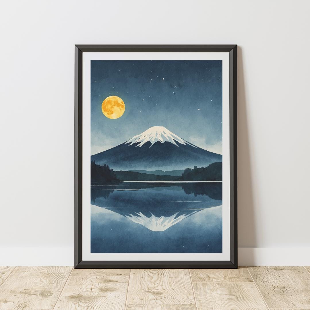 Mount Fuji Poster Watercolor Mountain Landscape Art Print Full Moon ...