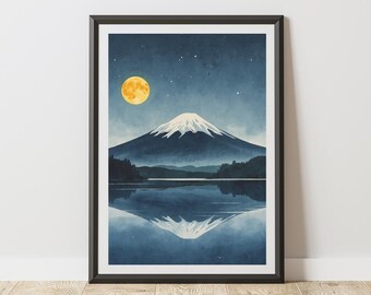 Mount Fuji Poster Watercolor Mountain Landscape Art Print Full Moon Night Sky Reflection Serene Tranquil Japanese Wall Art Home Decor Gift