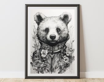 Anthropomorphic Bear Poster, Botanical Elements, Dark Academia Wall Art Print