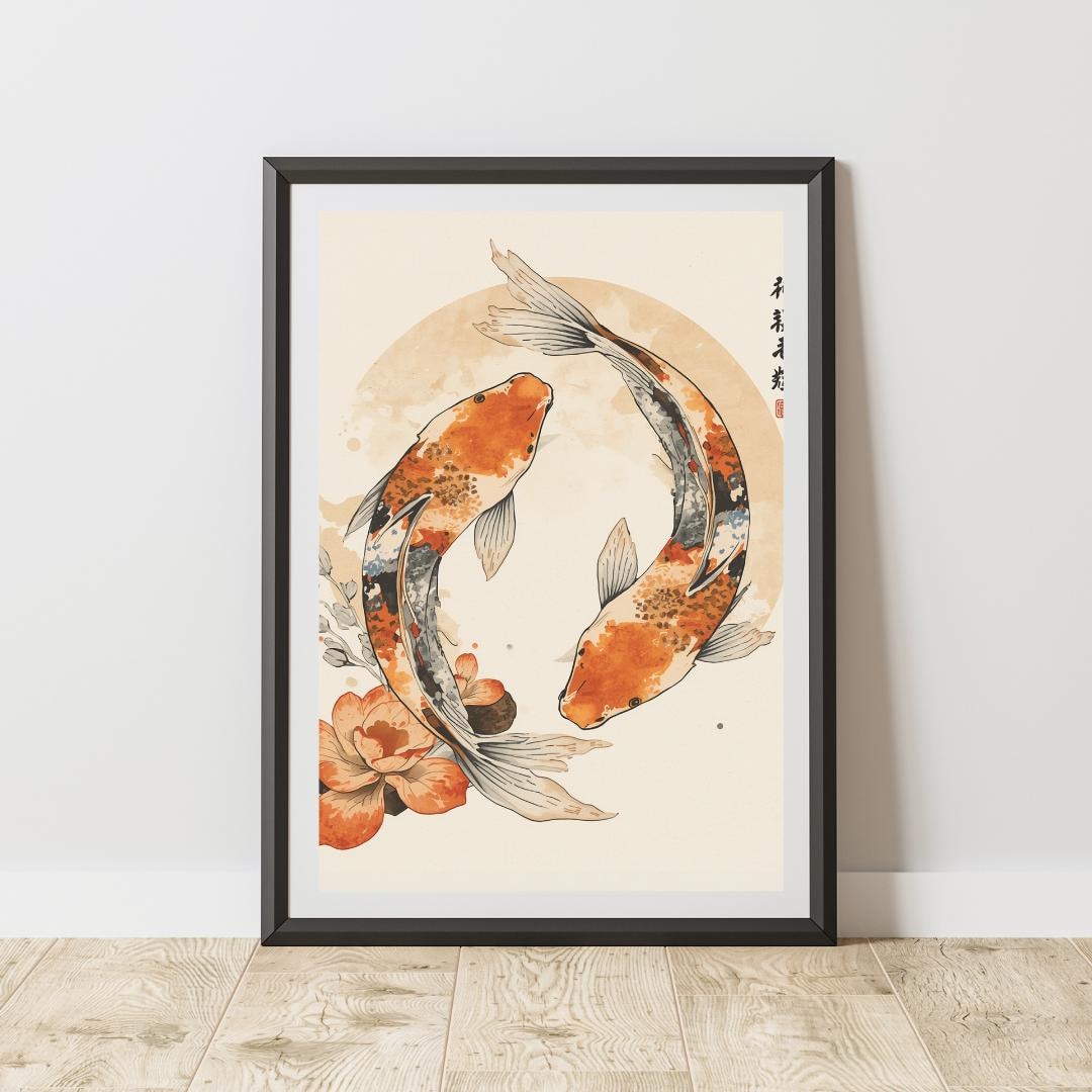 Koi Fish Poster Japanese Art Print Watercolor Koi Lotus Flower Asian ...