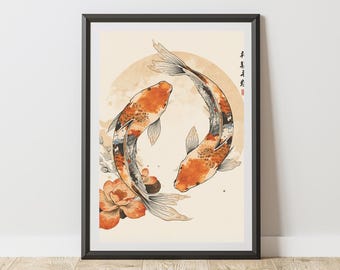 Watercolor Koi Fish Print: Japanese Art, Lotus Flower, Zen Harmony Wall Decor (Rolled Poster)
