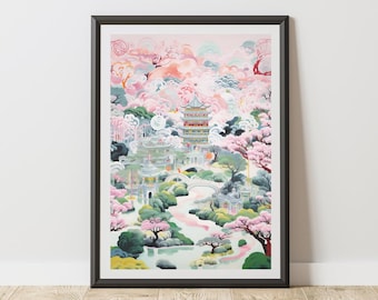 Cherry Blossom Dream Asian Landscape Art Print | Pagoda Wall Decor | Ethereal Nature Pastel Aesthetic Tranquil Serene Home Gift Idea