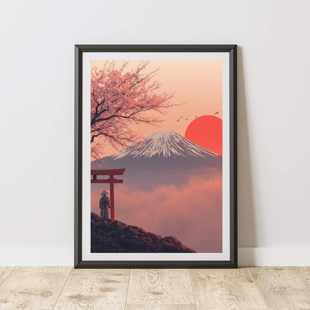 Japanese Landscape Poster Mount Fuji Torii Gate Cherry Blossom Serene ...