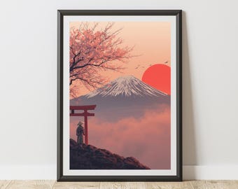 Japanese Landscape Poster Mount Fuji Torii Gate Cherry Blossom Serene Sunrise Sunset Wall Art Print Tranquil Asian Aesthetic Decor Zen Home