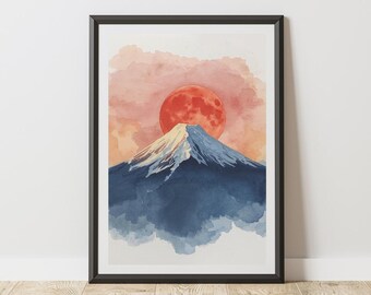 Watercolor Mountain Japanese Landscape Poster Serene Nature Red Moon Art Tranquil Decor Mount Fuji Print Minimalist Celestial Wall Art