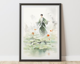 East Asian Watercolor Lotus Pond Print, Woman Zen Meditation Decor, Sage Green Botanical Poster