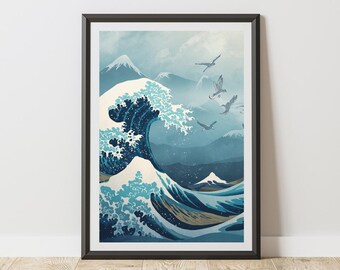 Japanese Ukiyo-e Inspired Ocean Wave Art Poster, Serene Nature Decor Print, Coastal Wall Art, Blue White Gold, Glossy Photo Paper, Wrapped
