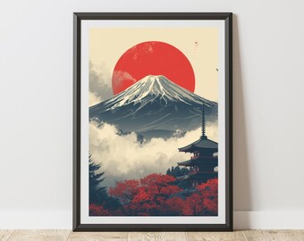 Mount Fuji Poster Japanese Landscape Art Ukiyo-e Style Print Red Sun Pagoda Autumn Foliage Serene Japan Decor Modern Illustration Rolled