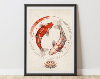 Watercolor Koi Fish Art Print, Yin Yang Zen Wall Decor, Asian Inspired Lotus Poster