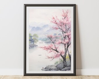 Cherry Blossom Poster Japanese Landscape Print Watercolor Sakura Wall Art Serene Nature Decor Misty Mountains Pagoda Zen Home Gift