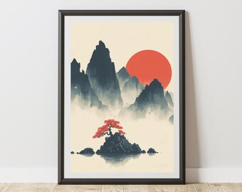 Japanese Landscape Poster, Minimalist Mountain Art, Red Sun Bonsai Tree Wall Art (Rolled)