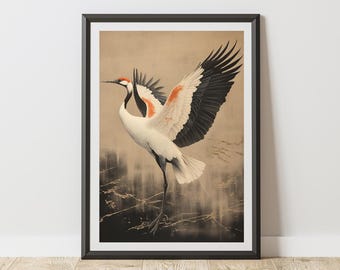 Red-crowned Crane Japanese Art Print, Sumi-e Wildlife Wall Art, Zen Home Decor