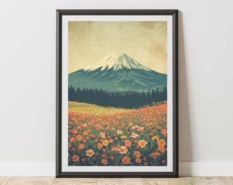 Mount Fuji Floral Field Poster, Vintage Ukiyo-e Japanese Landscape Art (Wrapped)