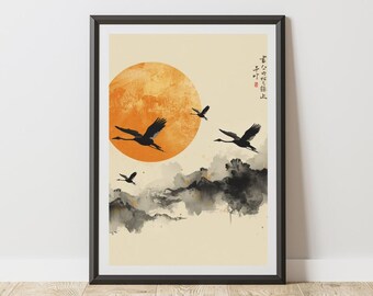 Sumi-e Crane Print, Japanese Zen Landscape Wall Art, Orange Sun Decor