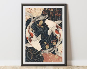 Koi Fish Poster Japanese Art Print Asian Wall Decor Tranquil Zen Harmony Balance Modern Asian Aesthetic Distressed Navy Terracotta