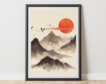 East Asian Landscape Poster | Sumi-e Ink Wash Mountains, Cranes, Red Sun Art Print