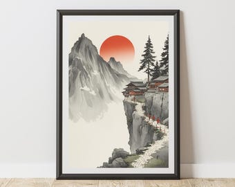 Japanese Mountain Temple Print: Ukiyo-e Ink Wash Landscape, Red Sun Zen Decor (Glossy High-Resolution)