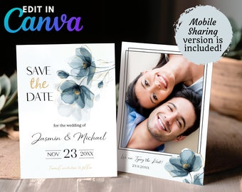 Save The Date Floral Digital Template with Photo, Romantic Blue Green Wedding Announcement Editable Cards, Mobile Sharing | Digital Download
