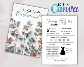 Be My Bridesmaid Card, Custom Bridesmaids Proposal, Editable Bridesmaid Info Card, Beautiful Floral Design | Digital Template