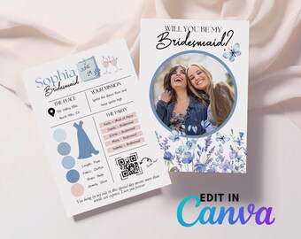 Editable Bridesmaid Proposal Template, Dusty Blue Photo Card, Personalized Will You Be My Bridesmaid, Wildflower Wedding | Digital Invite