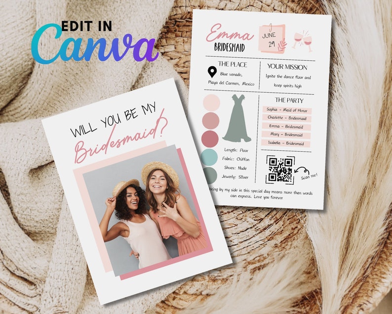 Editable Bridesmaid Photo Card, Bridesmaid Proposal Card, Personalized Wedding Gift, Will You Be My Bridesmaid Template Digital Download image 1