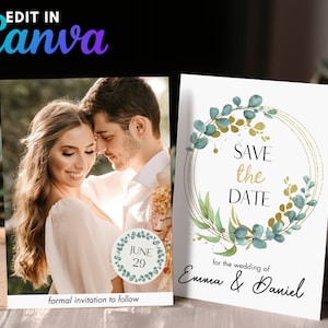 Save The Date Cards with Gold Eucalyptus Design, Elegant Greenery Wedding Decor, Custom Photo Printable Canva Template Digital Invite image 1
