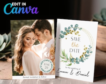 Guarde las tarjetas de fecha con diseño de eucalipto dorado, elegante decoración de boda con vegetación, foto personalizada / plantilla de Canva imprimible / invitación digital