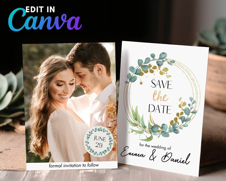 Save The Date Cards with Gold Eucalyptus Design, Elegant Greenery Wedding Decor, Custom Photo Printable Canva Template Digital Invite image 1