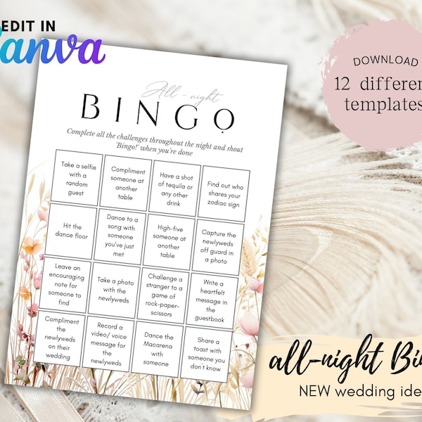 Wedding Bingo Cards Template, Wedding Boho Decor, Unique Wedding Ideas, Wedding Games Boho | Digital Download