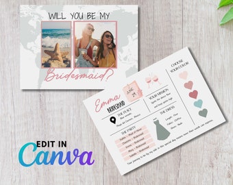 Destination Wedding Bridesmaids Proposal Card, Editable Will You Be My Bridesmaid Card, Gift for Bridesmaid, Info Card Template | Digital