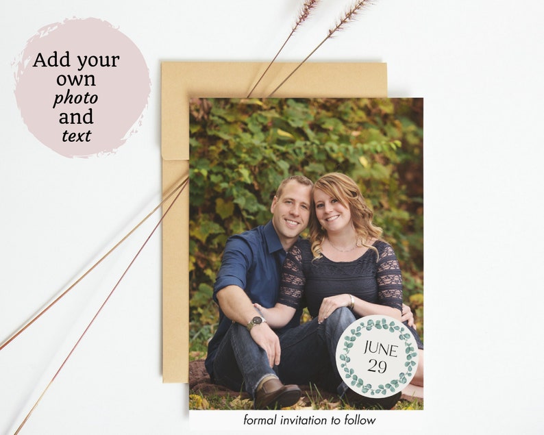 Save The Date Cards with Gold Eucalyptus Design, Elegant Greenery Wedding Decor, Custom Photo Printable Canva Template Digital Invite image 6