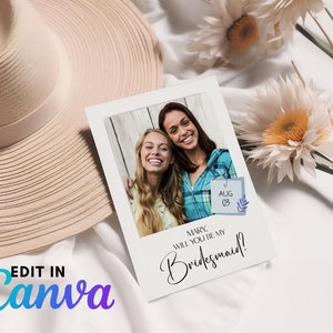 You Be My Bridesmaid Polaroid Card, Photo Bridesmaids Proposal, Polaroid Photo Print, Modern Minimalist Wedding Invite Digital Template image 1