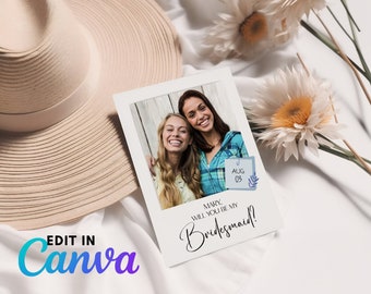 You Be My Bridesmaid Polaroid Card, Photo Bridesmaids Proposal, Polaroid Photo Print, Modern Minimalist Wedding Invite | Digital Template