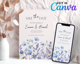 Plantilla personalizada para guardar la fecha Dusty Blue, tarjetas editables para invitación de boda floral, boda de flores silvestres / Canva, archivo digital