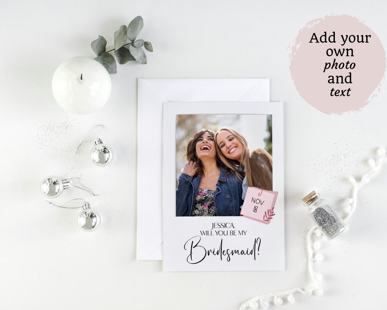 You Be My Bridesmaid Polaroid Card, Photo Bridesmaids Proposal, Polaroid Photo Print, Modern Minimalist Wedding Invite Digital Template image 4