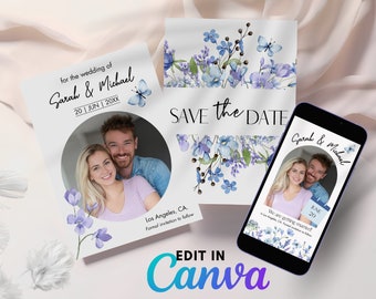 Editable Save the Date Template Dusty Blue, Custom Cards for Floral Wedding Invitation Templates, Wildflower Wedding | Digital Invite