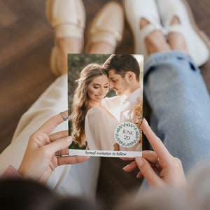 Save The Date Cards with Gold Eucalyptus Design, Elegant Greenery Wedding Decor, Custom Photo Printable Canva Template Digital Invite image 3
