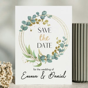 Save The Date Cards with Gold Eucalyptus Design, Elegant Greenery Wedding Decor, Custom Photo Printable Canva Template Digital Invite image 5