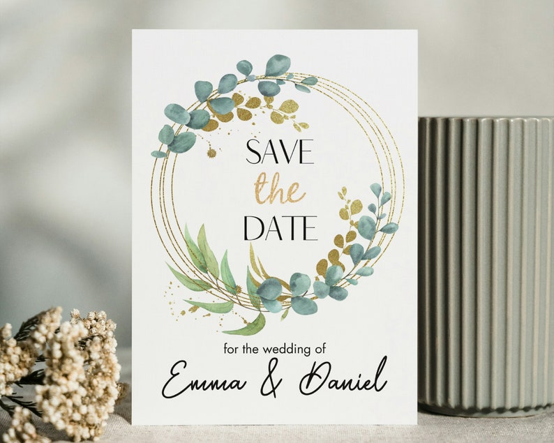 Save The Date Cards with Gold Eucalyptus Design, Elegant Greenery Wedding Decor, Custom Photo Printable Canva Template Digital Invite image 5