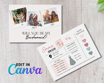 Be My Bridesmaid Editable Polaroid Card, Proposal Template, Bridesmaid Info Card, Personalized Card for Proposal Box | Digital Download