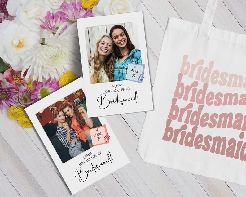 You Be My Bridesmaid Polaroid Card, Photo Bridesmaids Proposal, Polaroid Photo Print, Modern Minimalist Wedding Invite Digital Template image 3