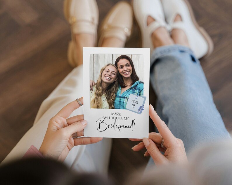 You Be My Bridesmaid Polaroid Card, Photo Bridesmaids Proposal, Polaroid Photo Print, Modern Minimalist Wedding Invite Digital Template image 2