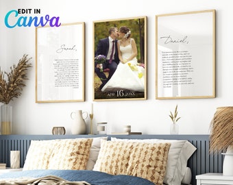 Personalized Three Canvas Wedding Vows Wall Art with Photo, Unique Anniversary & Wedding Gift, Marriage Art, Home Decor | Digital Template