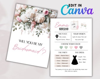 You Be My Bridesmaid Card, Personalized Bridesmaids Template, Bridesmaid Proposal, Floral Design | Digital Template