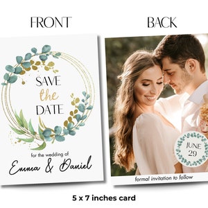 Save The Date Cards with Gold Eucalyptus Design, Elegant Greenery Wedding Decor, Custom Photo Printable Canva Template Digital Invite image 4