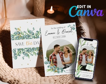 Elegant Save the Date Green Gold Eucalyptus Template, Greenery Wedding Invitation Cards, Canva Template, Printable | Digital Invite