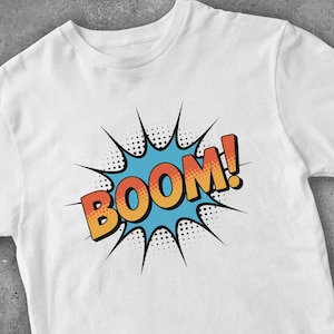 BOOM Comic Book T-Shirt, Pop Art Graphic Tee, Funny Superhero Style Shirt, Unisex Bold Cartoon Top, Retro Comic Gift, Statement Tee